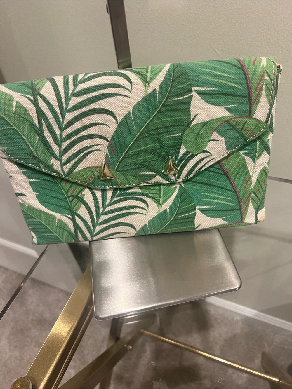 Stella & Dot Green Palm-Print Canvas Envelope Clutch with Gold Hardware